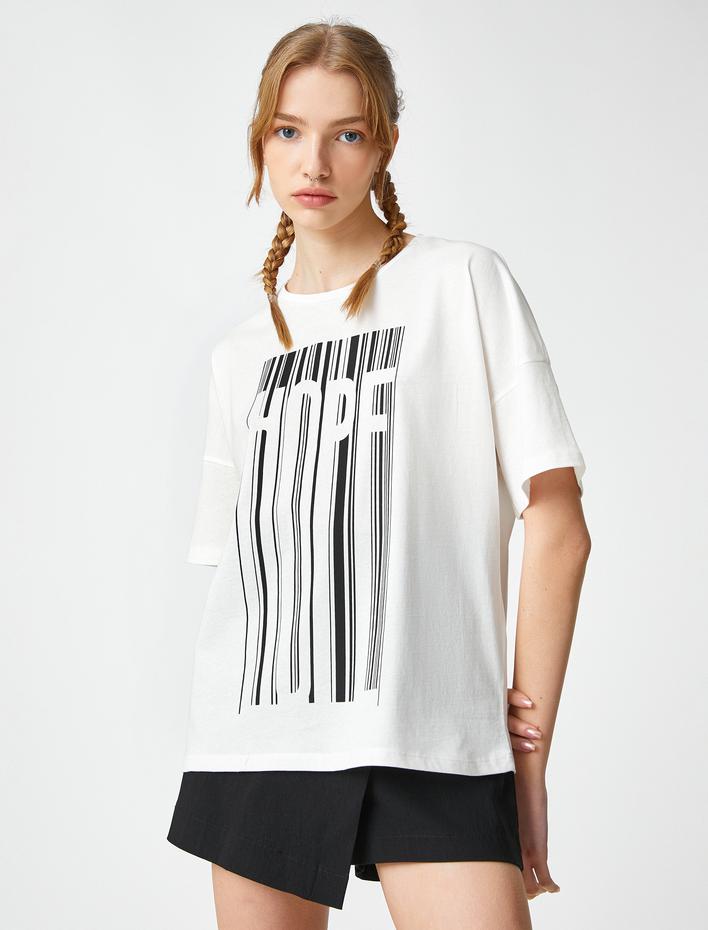  Pamuklu Tişört Baskılı Bisiklet Yaka Kısa Kollu