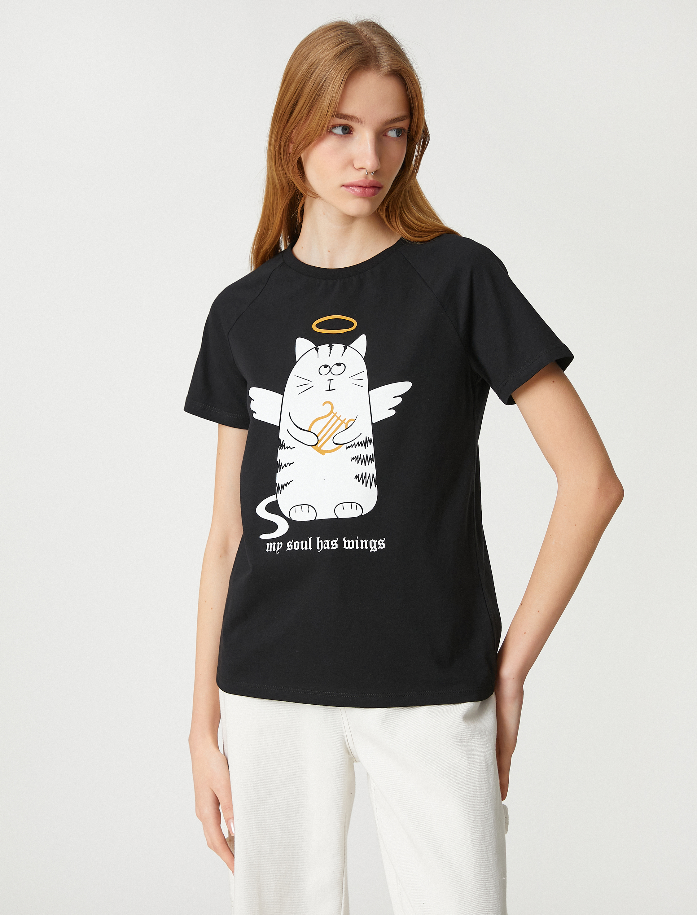   Pamuklu Tişört Slogan Baskılı Kısa Kollu Bisiklet Yaka