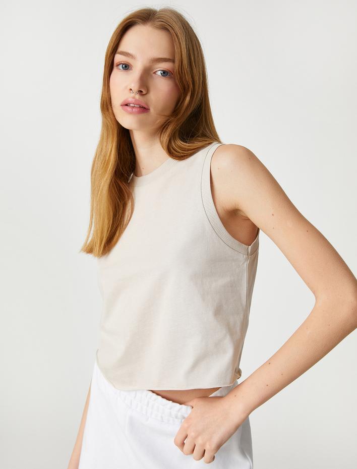  Crop Atlet Pamuklu Bisiklet Yaka Kolsuz