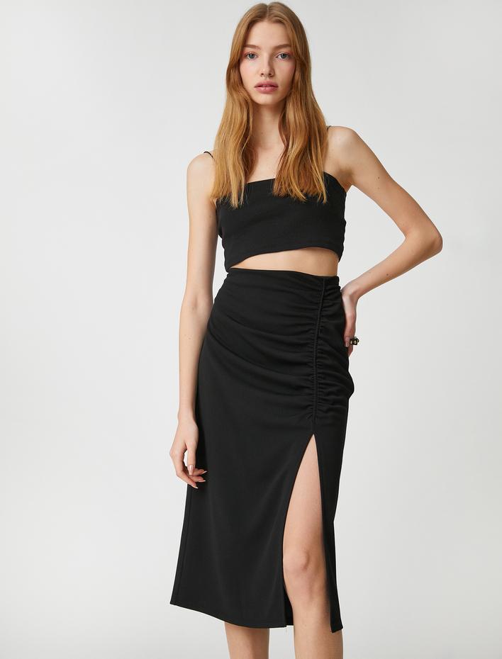  Midi Etek Yırtmaç Detaylı Krep Büzgülü