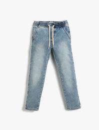 Kot Pantolon Beli Lastikli Bağlamalı Pamuklu Cepli - Regular Jean