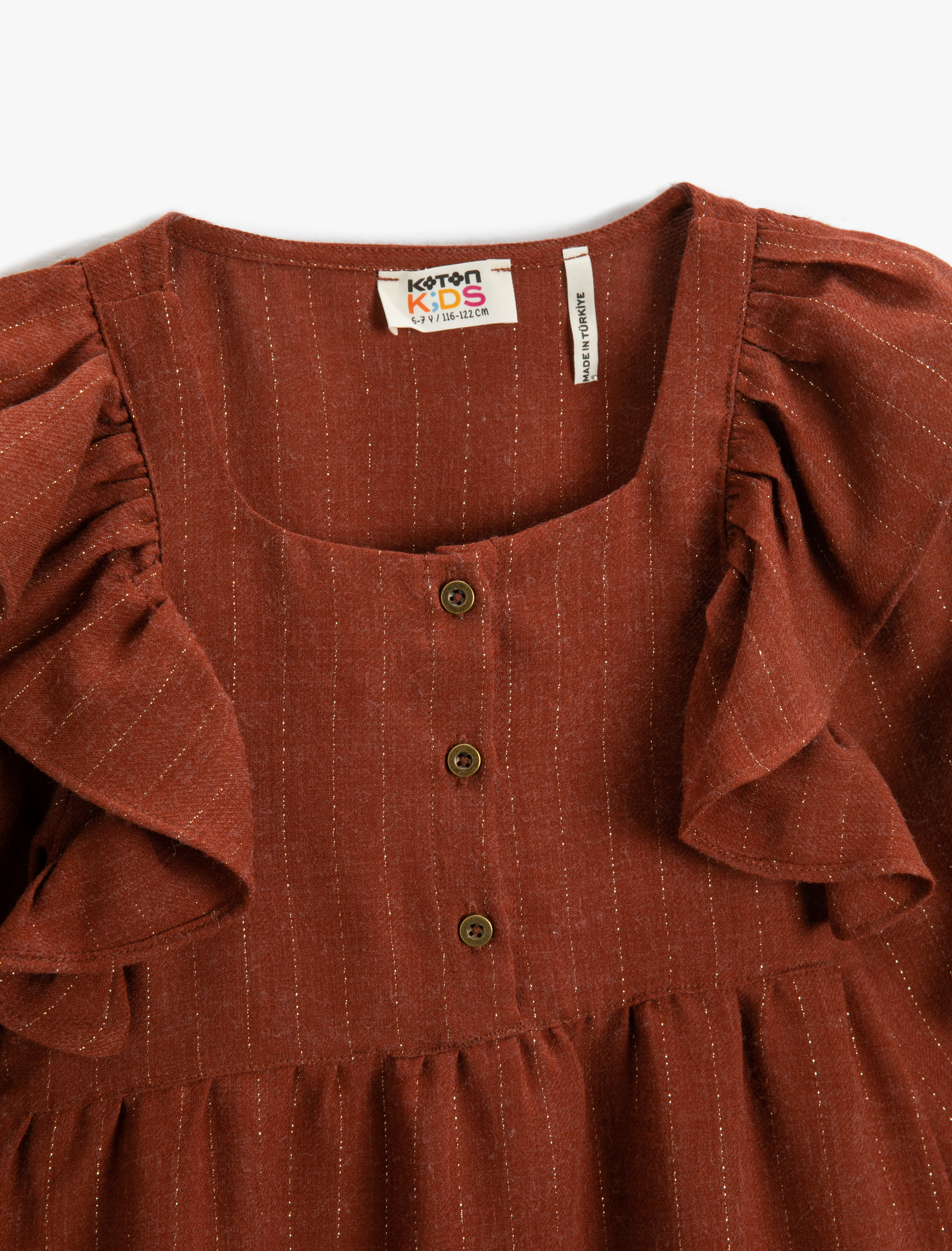  Kız Çocuk Elbise Maksi Fırfırlı Uzun Kollu Elastik Manşet Düğmeli