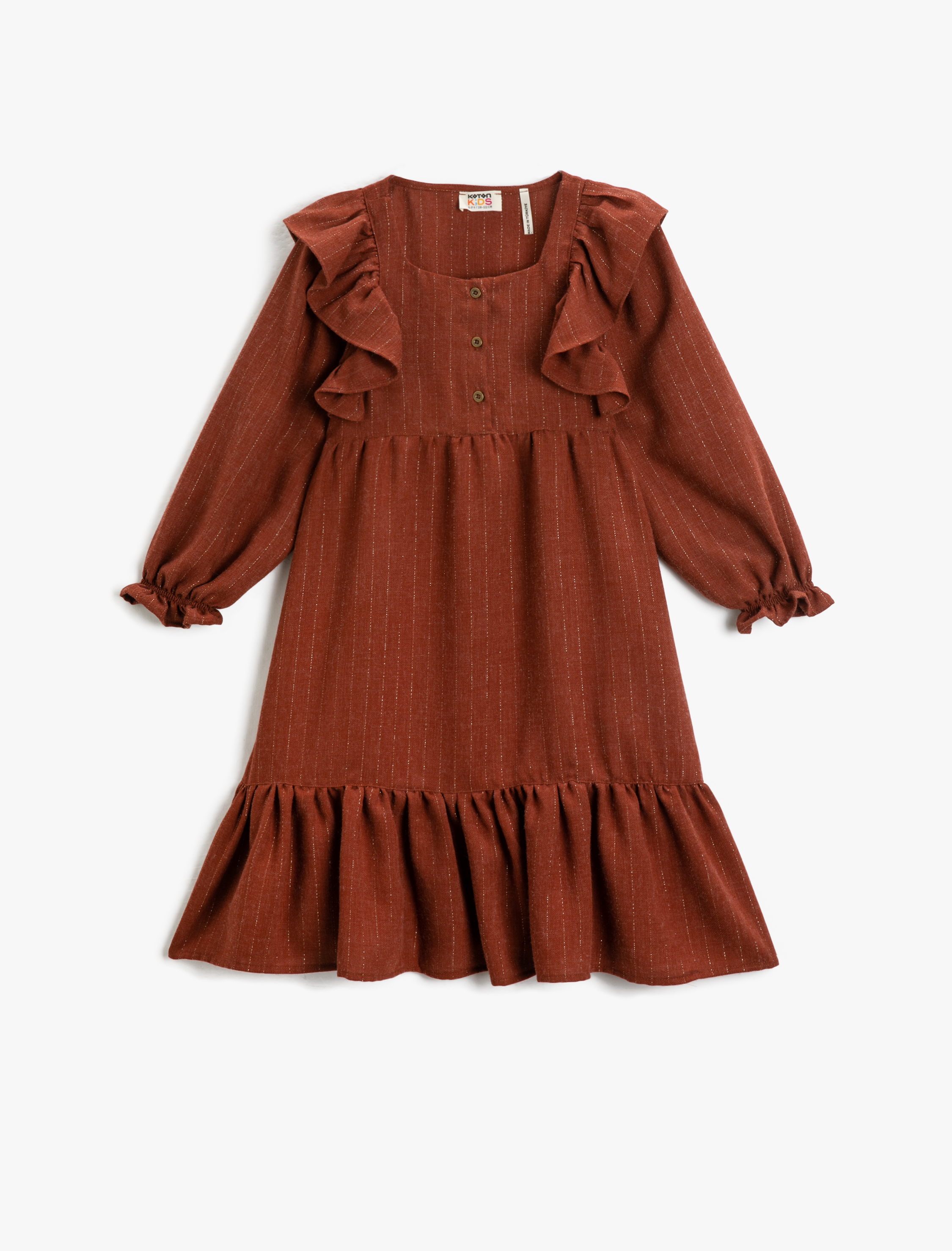  Kız Çocuk Elbise Maksi Fırfırlı Uzun Kollu Elastik Manşet Düğmeli