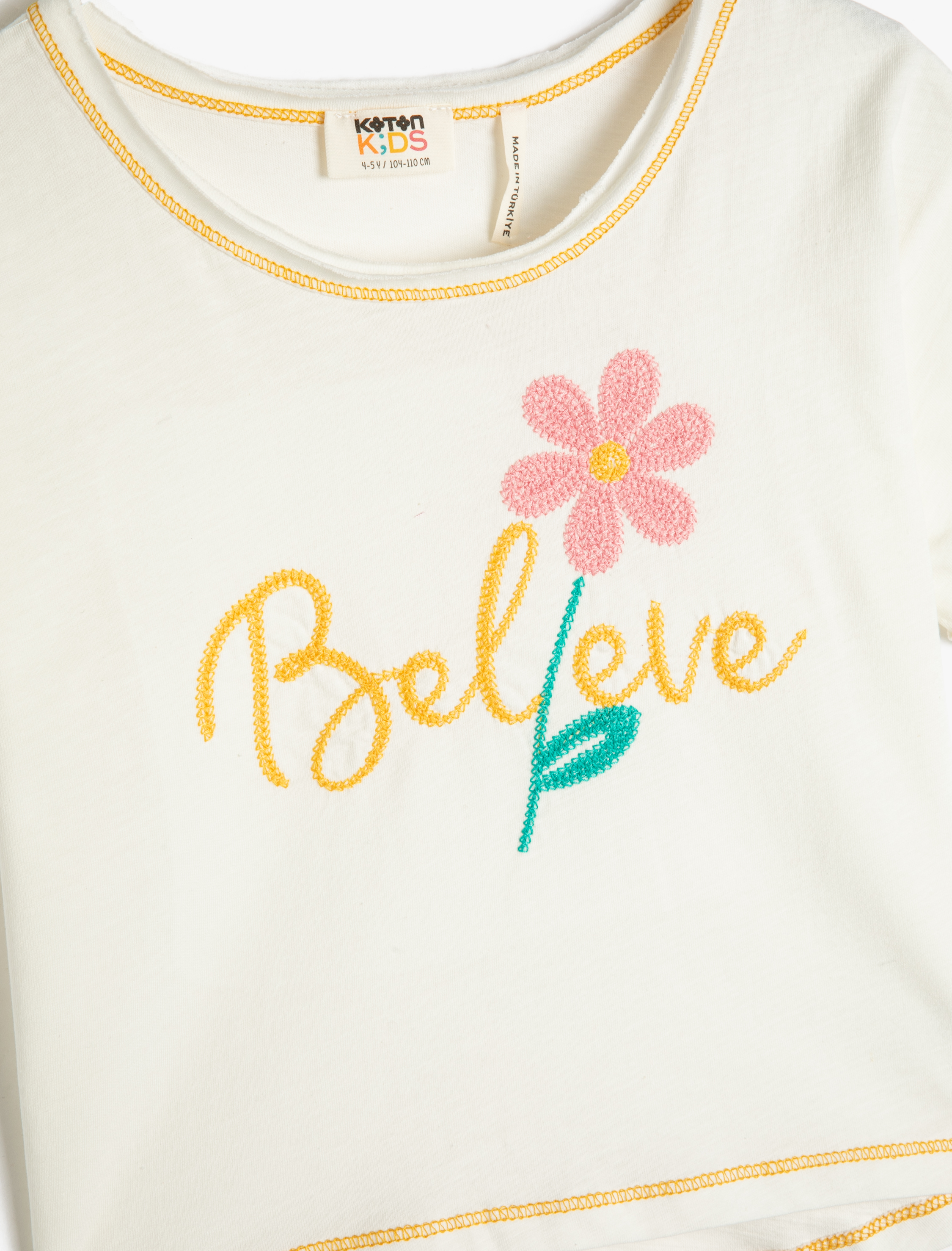  Kız Çocuk Kısa Kollu Tişört Çiçek İşlemeli Bisiklet Yaka Pamuklu