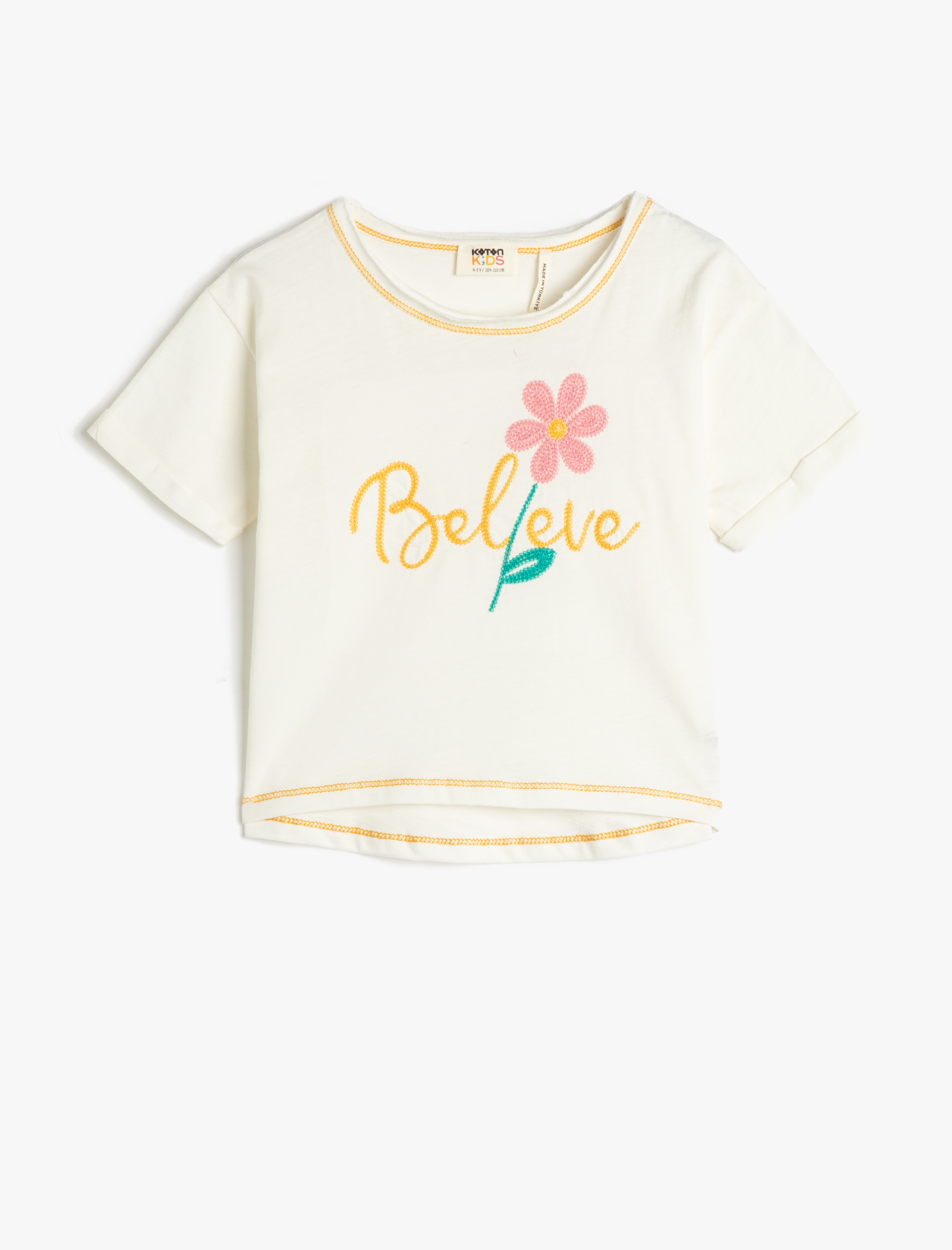  Kız Çocuk Kısa Kollu Tişört Çiçek İşlemeli Bisiklet Yaka Pamuklu