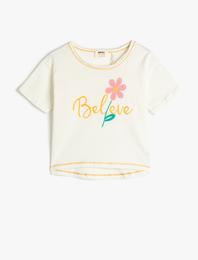 Kısa Kollu Tişört Çiçek İşlemeli Bisiklet Yaka Pamuklu