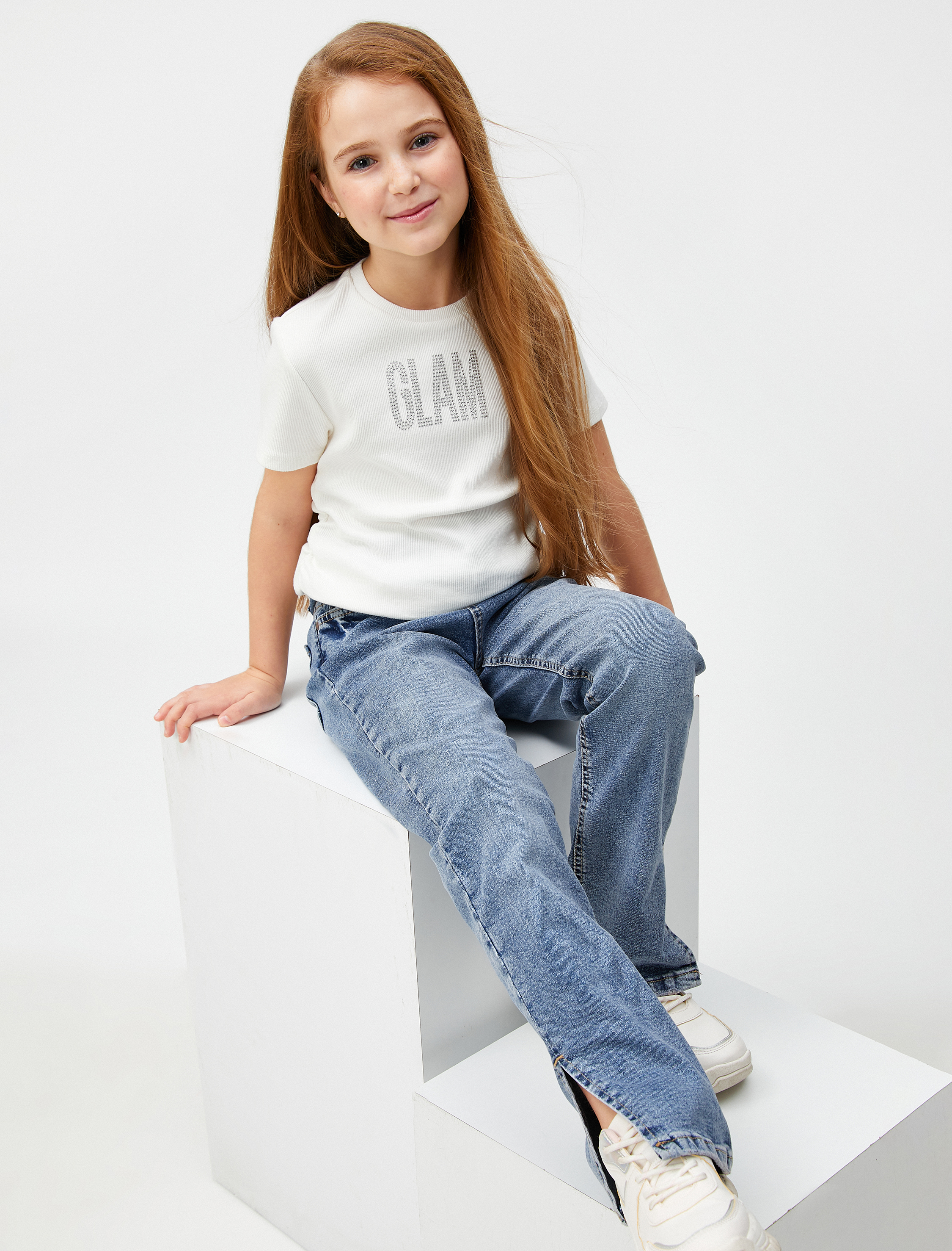  Kız Çocuk Kot Pantolon Yırtmaç Detaylı Cepli Pamuklu Beli Ayarlanabilir Lastikli - Slim Jean