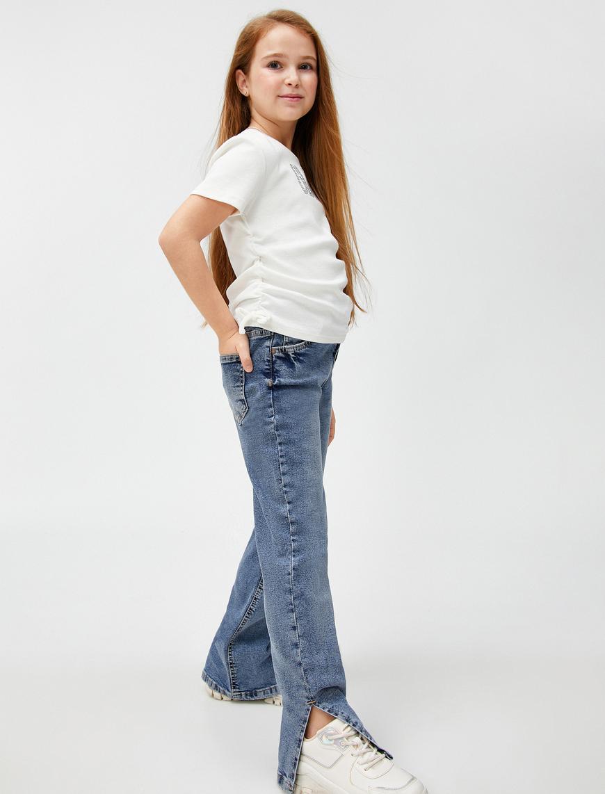  Kız Çocuk Kot Pantolon Yırtmaç Detaylı Cepli Pamuklu Beli Ayarlanabilir Lastikli - Slim Jean