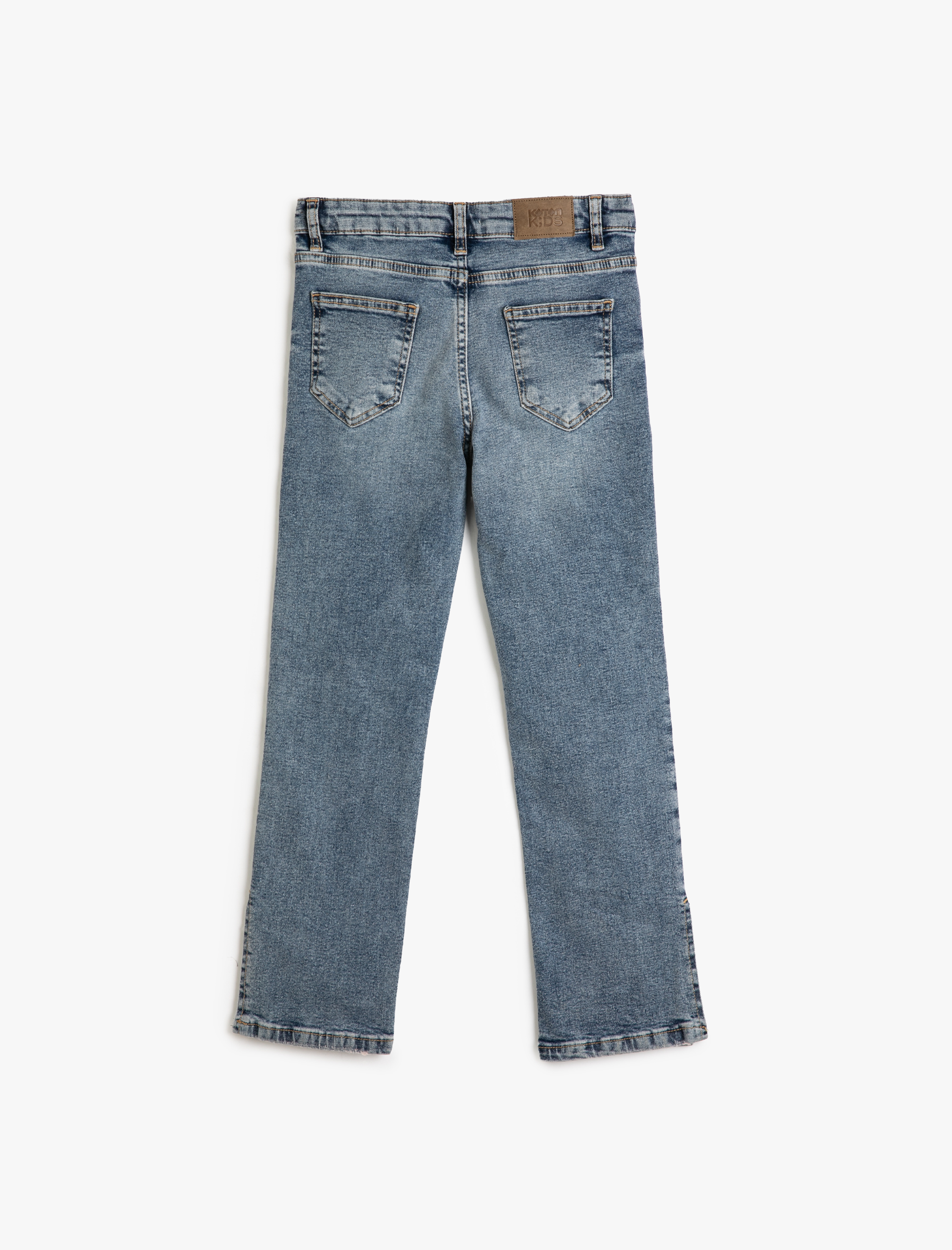  Kız Çocuk Kot Pantolon Yırtmaç Detaylı Cepli Pamuklu Beli Ayarlanabilir Lastikli - Slim Jean