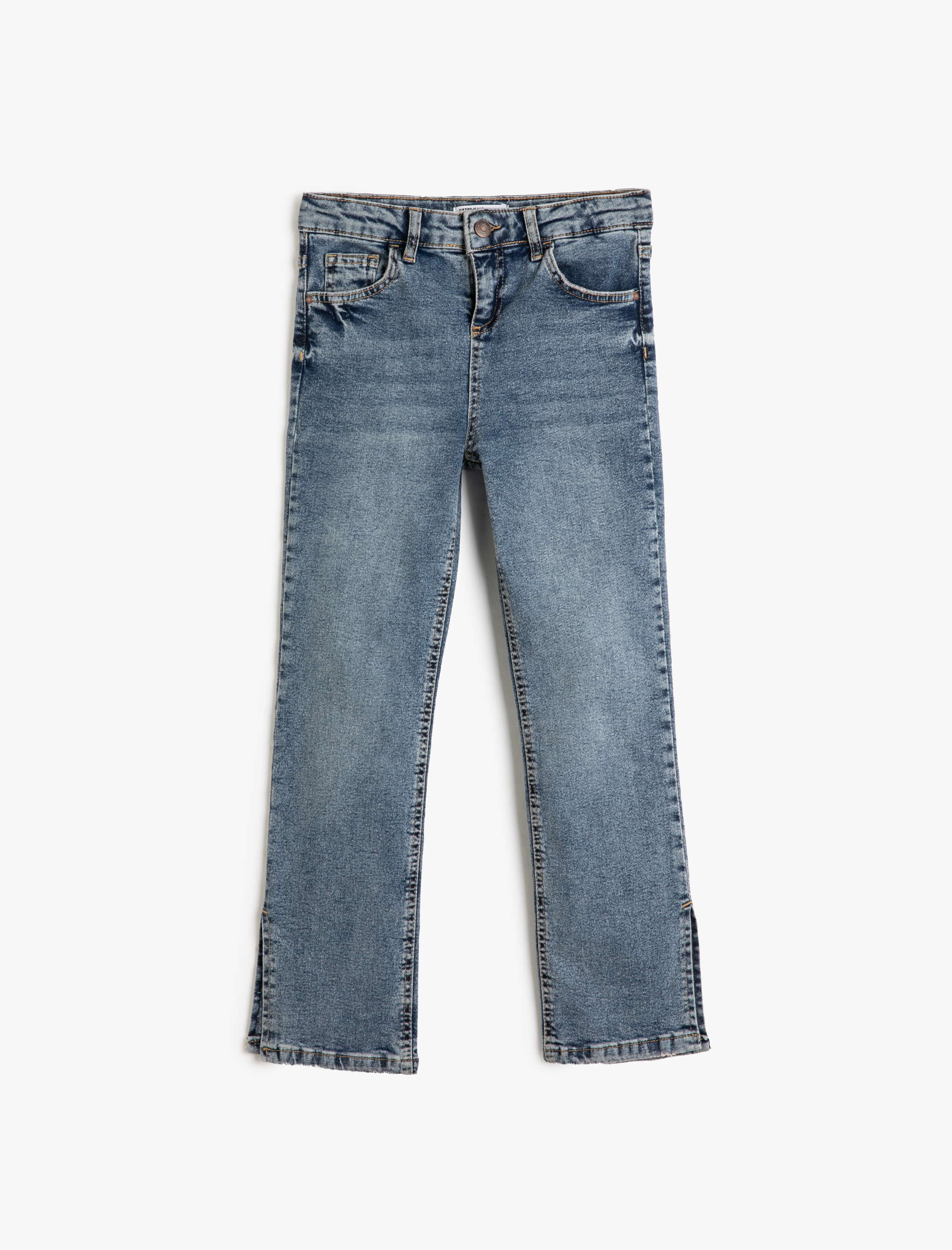  Kız Çocuk Kot Pantolon Yırtmaç Detaylı Cepli Pamuklu Beli Ayarlanabilir Lastikli - Slim Jean