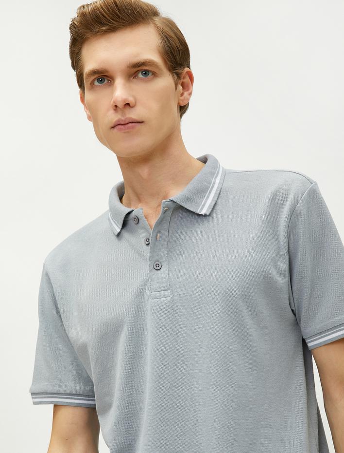  Polo Yaka Tişört Dar Kesim Düğmeli Kısa Kollu Biyeli