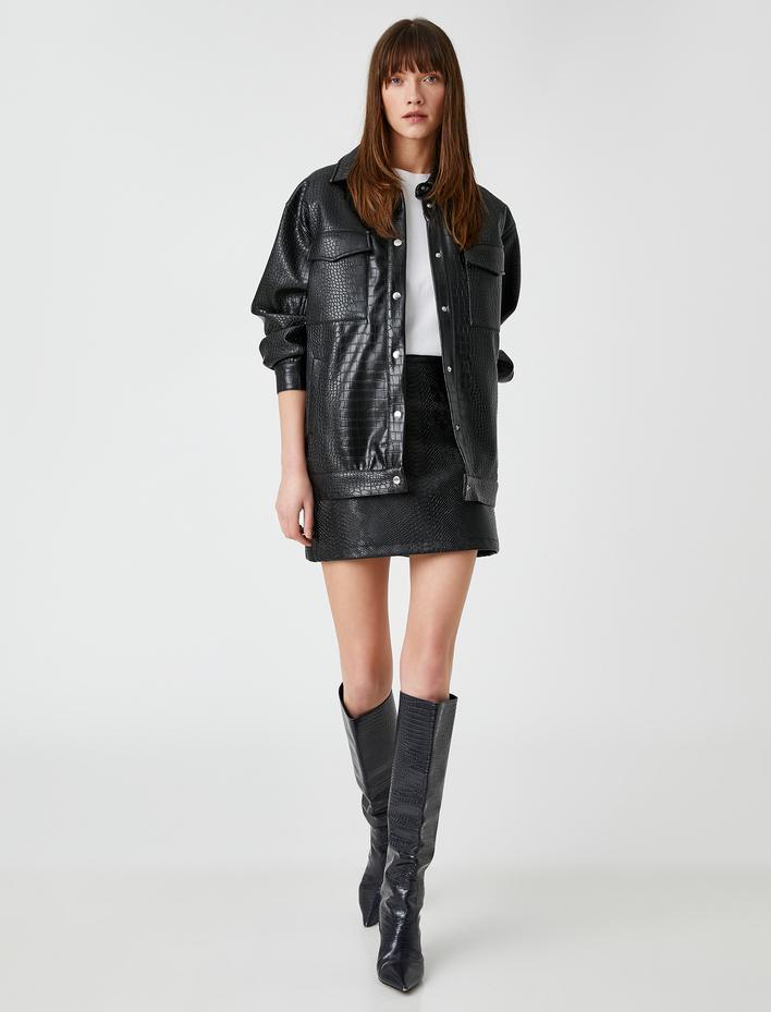  Kroko Suni Deri Mini Etek Fermuarlı