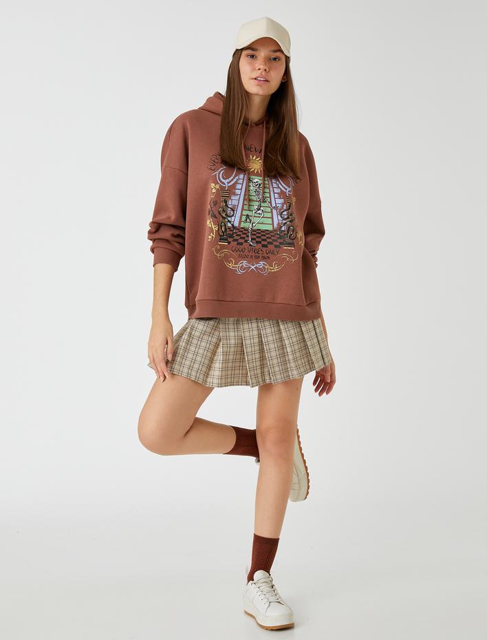  Oversize Swaetshirt Baskılı Kapüşonlu İçi Polarlı