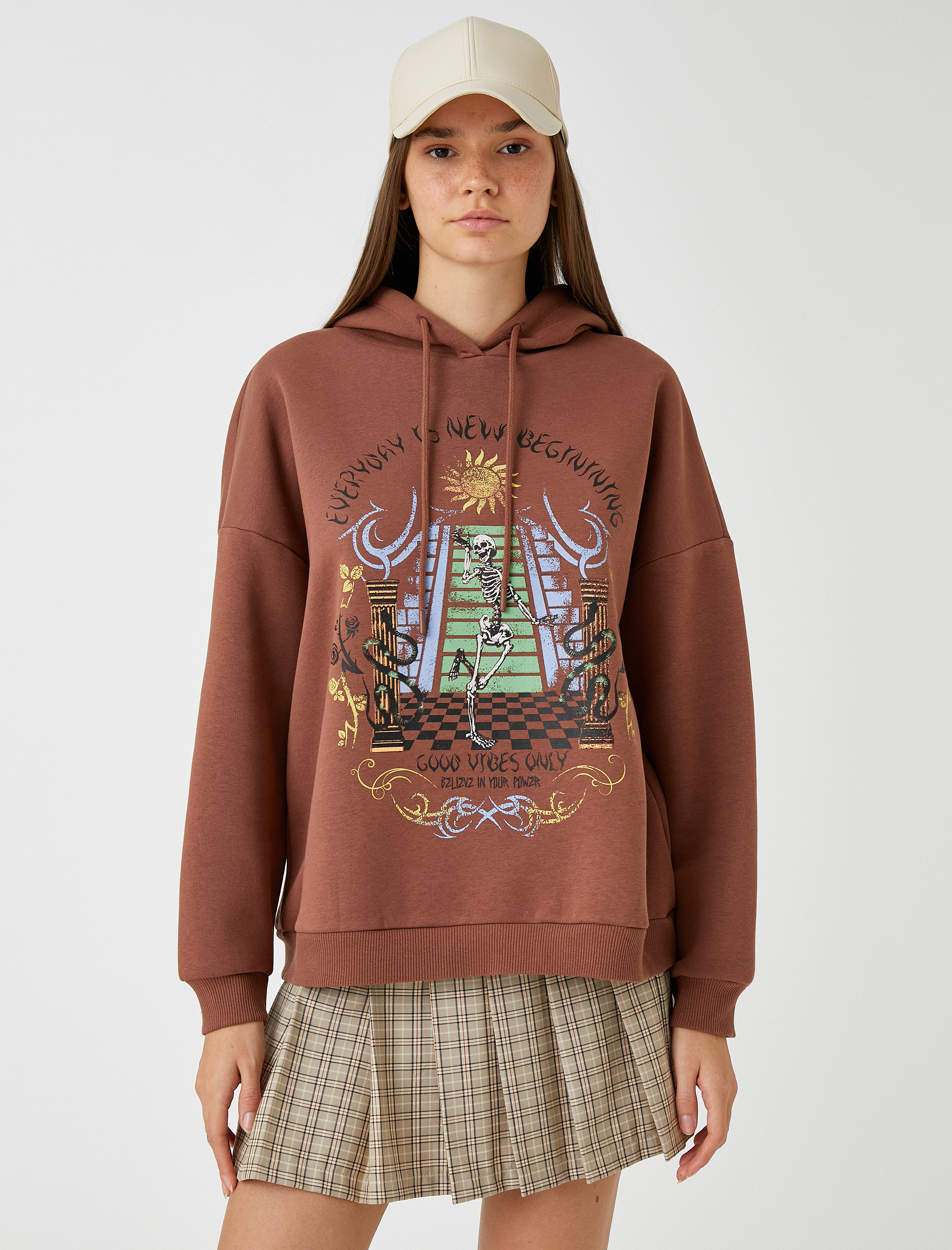   Oversize Swaetshirt Baskılı Kapüşonlu İçi Polarlı