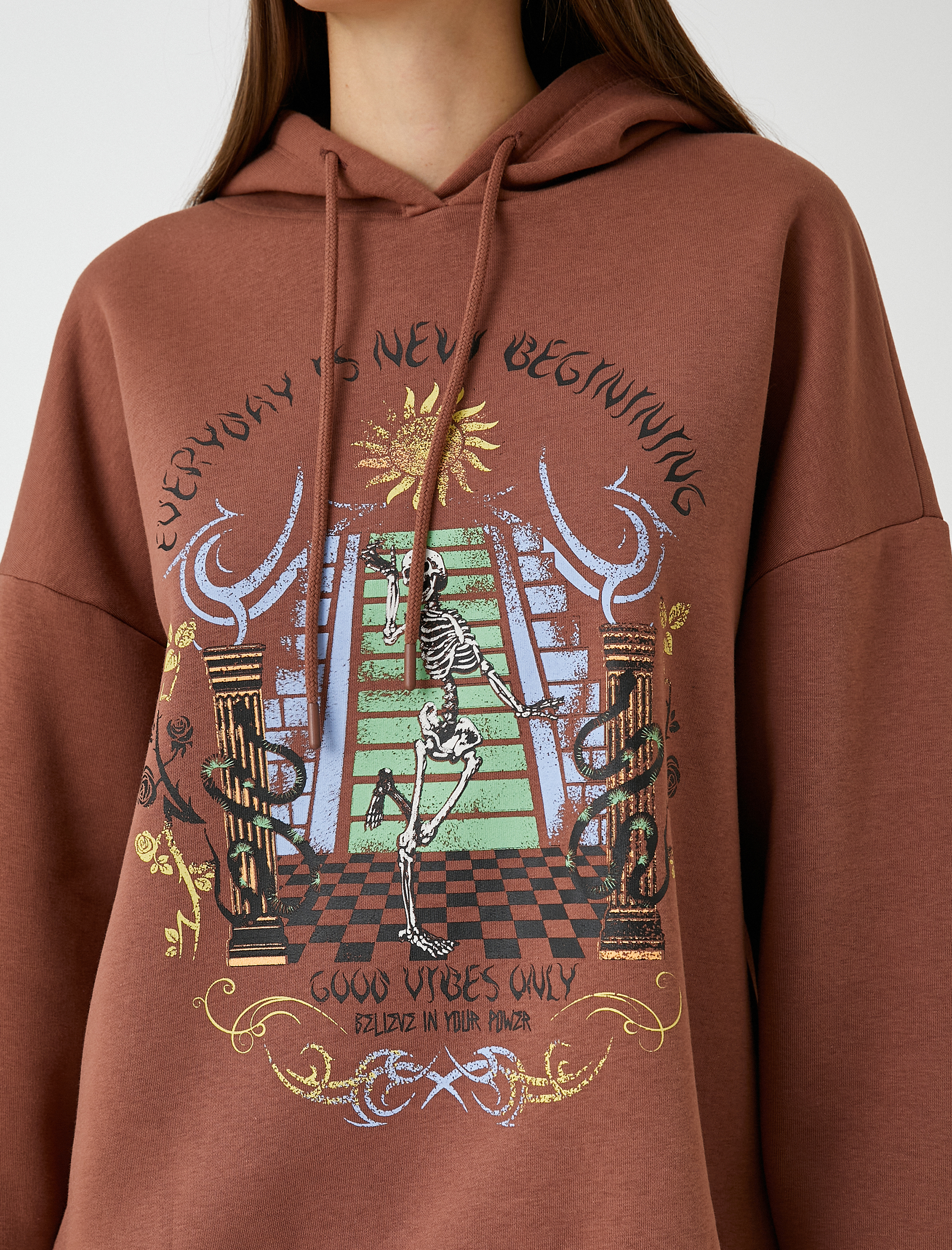   Oversize Swaetshirt Baskılı Kapüşonlu İçi Polarlı