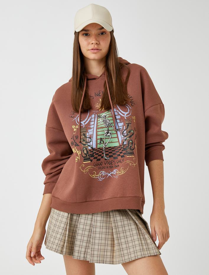  Oversize Swaetshirt Baskılı Kapüşonlu İçi Polarlı