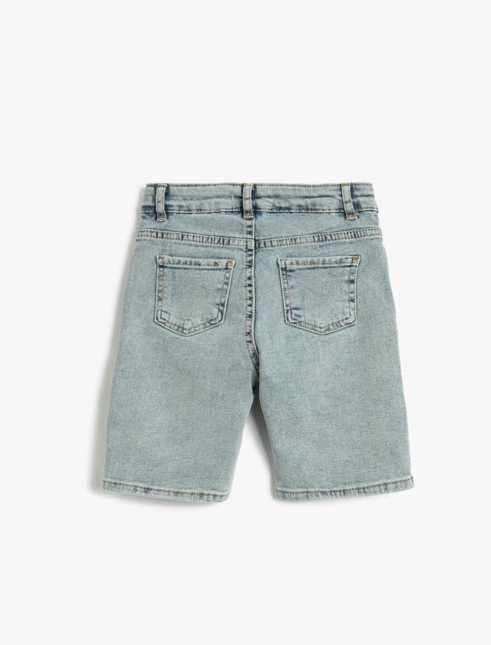 Erkek Çocuk Kot Şort Bermuda Cepli Pamuklu - Slim Fit Beli Ayarlanabilir Lastikli