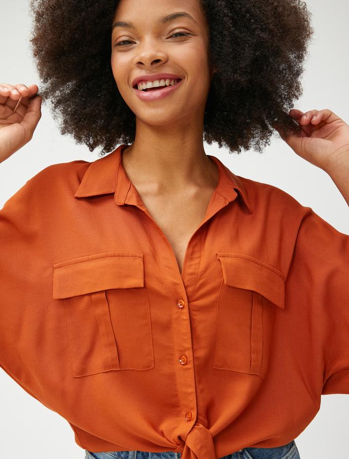  Crop Gömlek Cepli Bağlama Detaylı Kısa Kollu Viskon