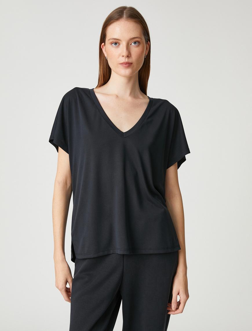   V Yaka T-Shirt Modal Karışımlı