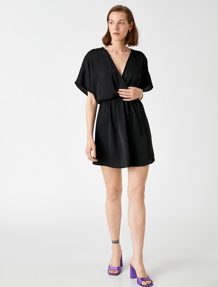  Mini Elbise V Yaka Kısa Kollu Saten Görünümlü