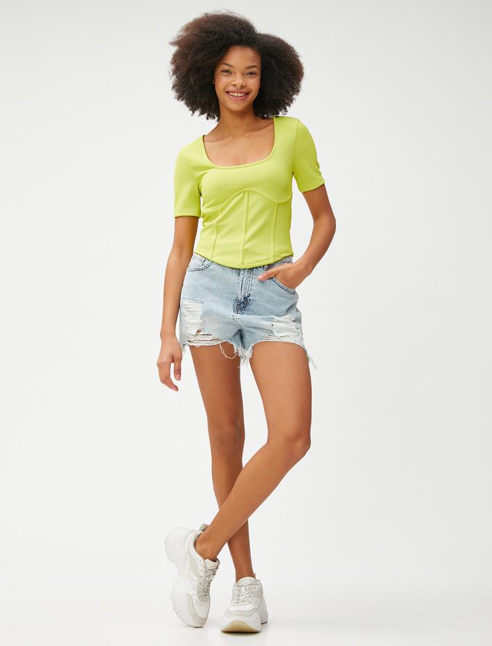  Crop Tişört Korse Görünümlü Kısa Kollu Bisiklet Yaka