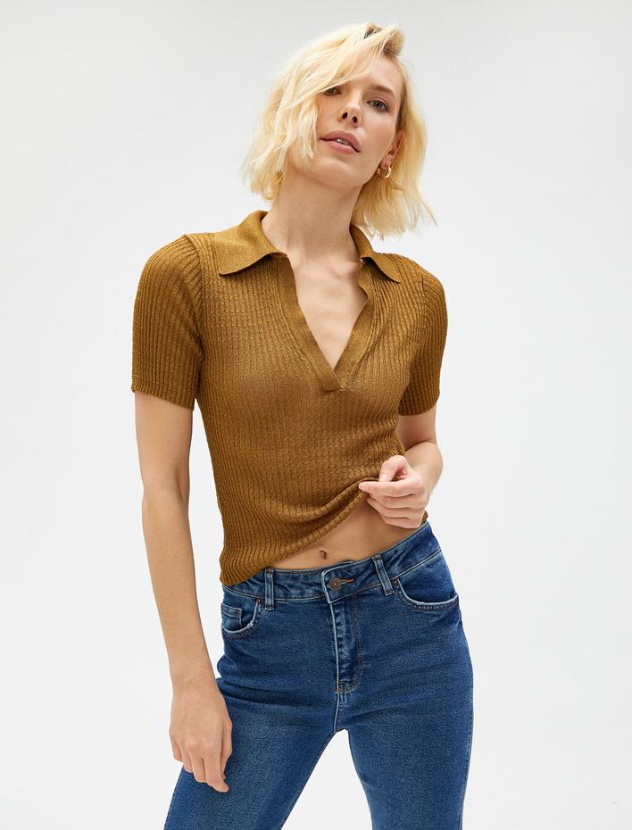  Yarı Transparan Polo Yaka Tişört Kısa Kollu Dokulu