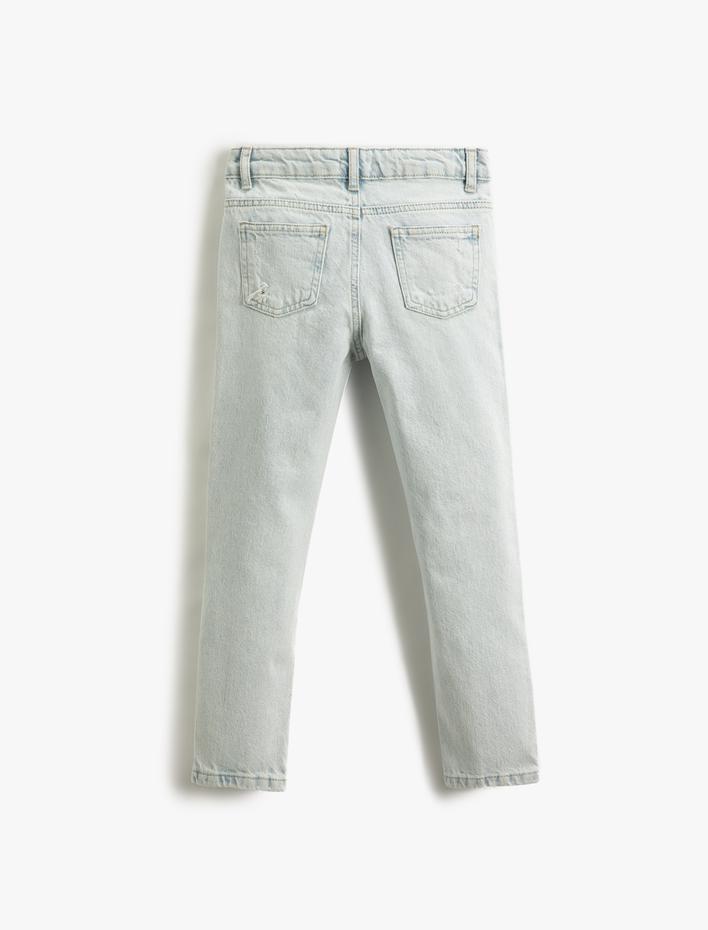 Erkek Çocuk Kot Pantolon Yıpratılmış Detaylı Pamuklu Cepli - Slim Jean  Beli Ayarlanabilir Lastikli