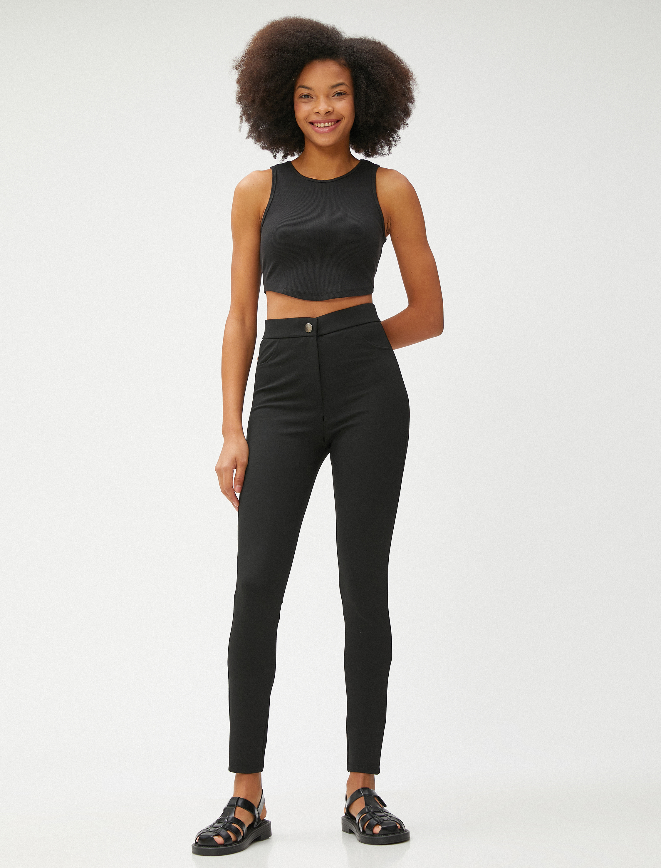   Tayt Pantolon Yüksek Bel Cep Detaylı Düğmeli