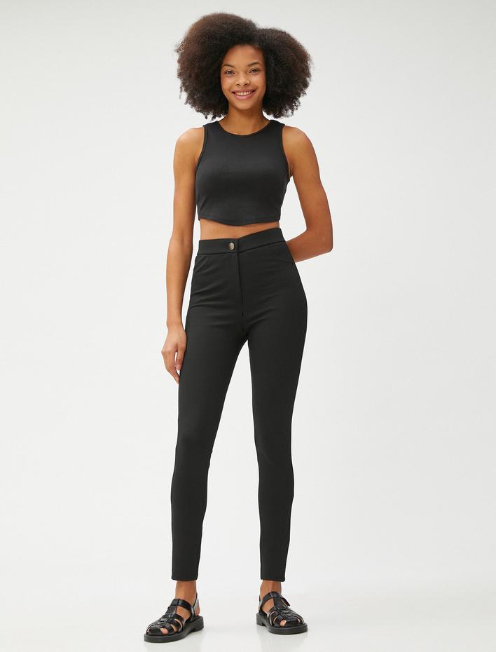  Tayt Pantolon Yüksek Bel Cep Detaylı Düğmeli