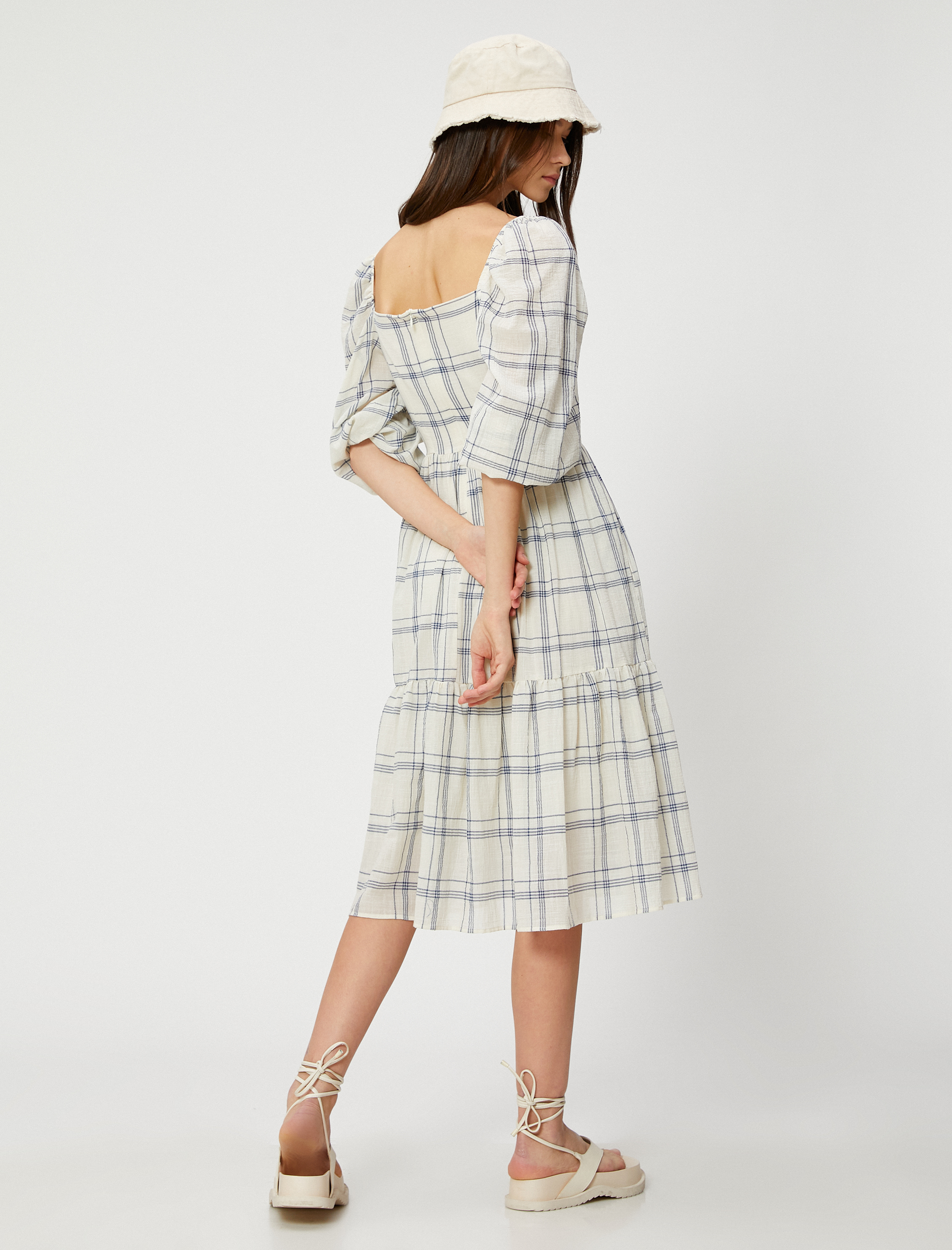   Midi Elbise Balon Kollu Gipeli Pamuklu