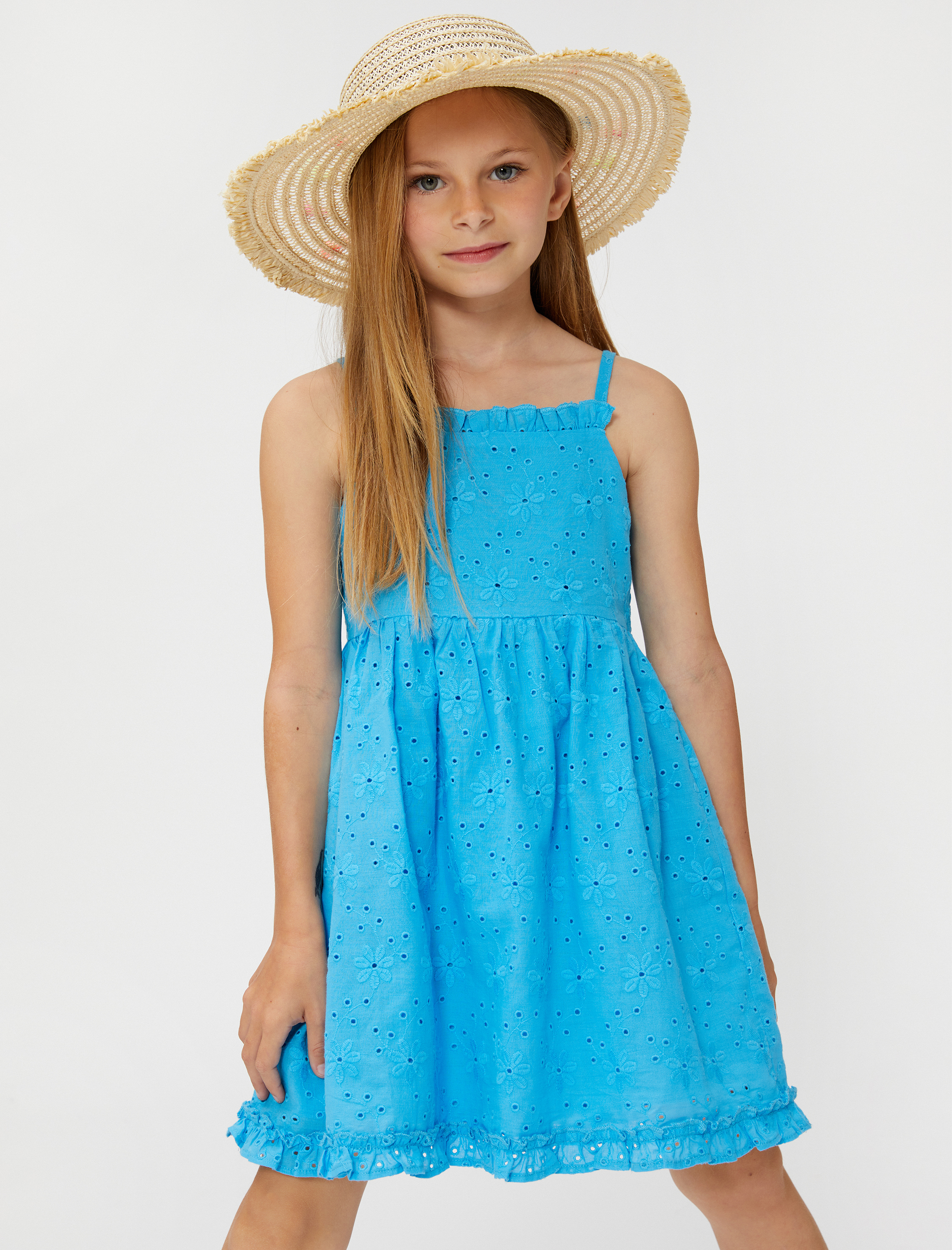  Kız Çocuk Elbise Fistolu Askılı Bol Kalıp Pamuklu