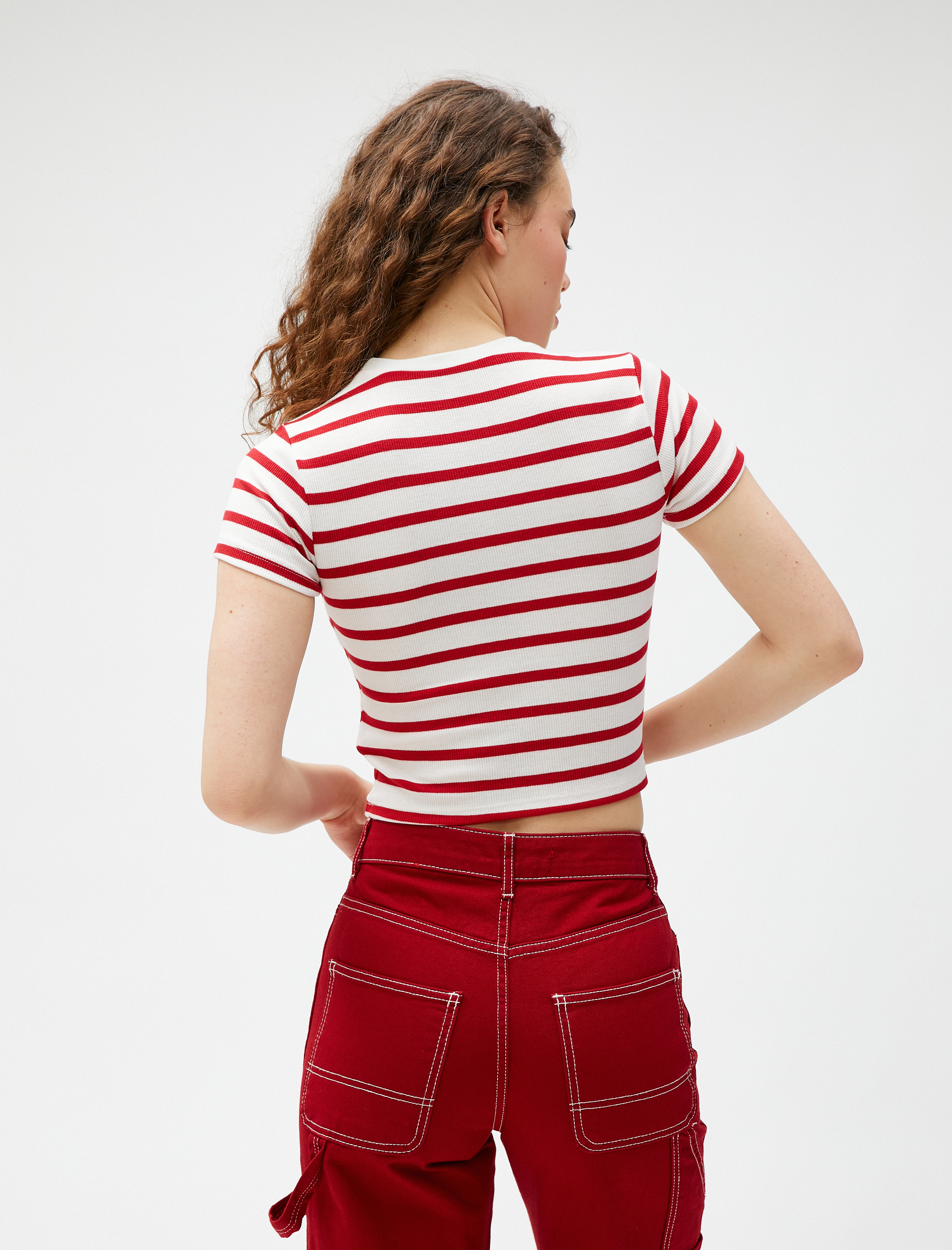   Crop Tişört Bisiklet Yaka Kısa Kollu Viskon Karışımlı