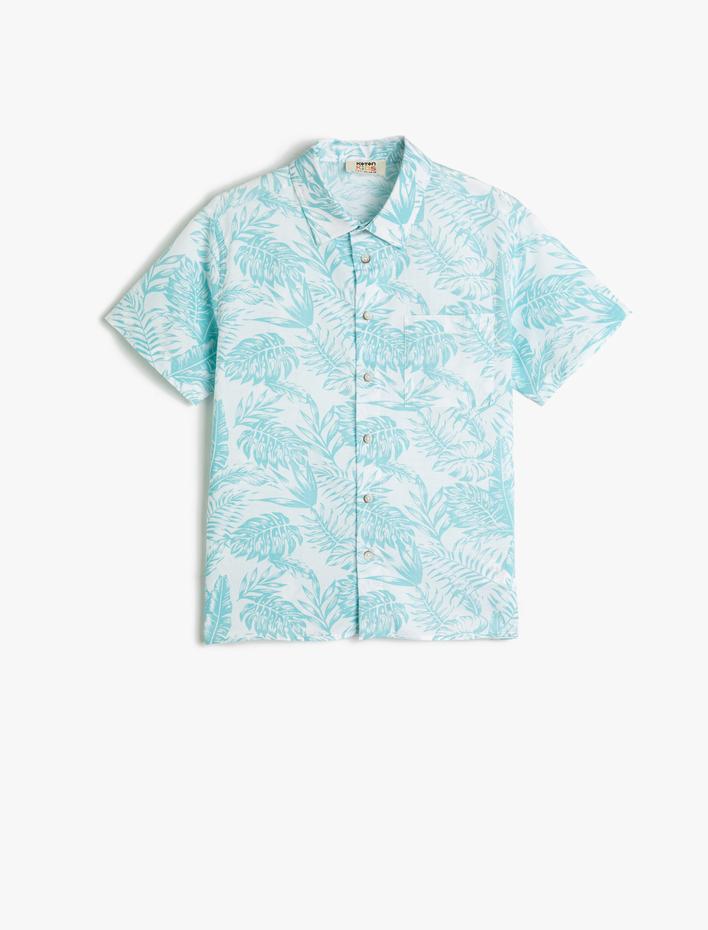 Erkek Çocuk Kısa Kollu Gömlek Floral Baskılı Pamuklu Cep Detaylı