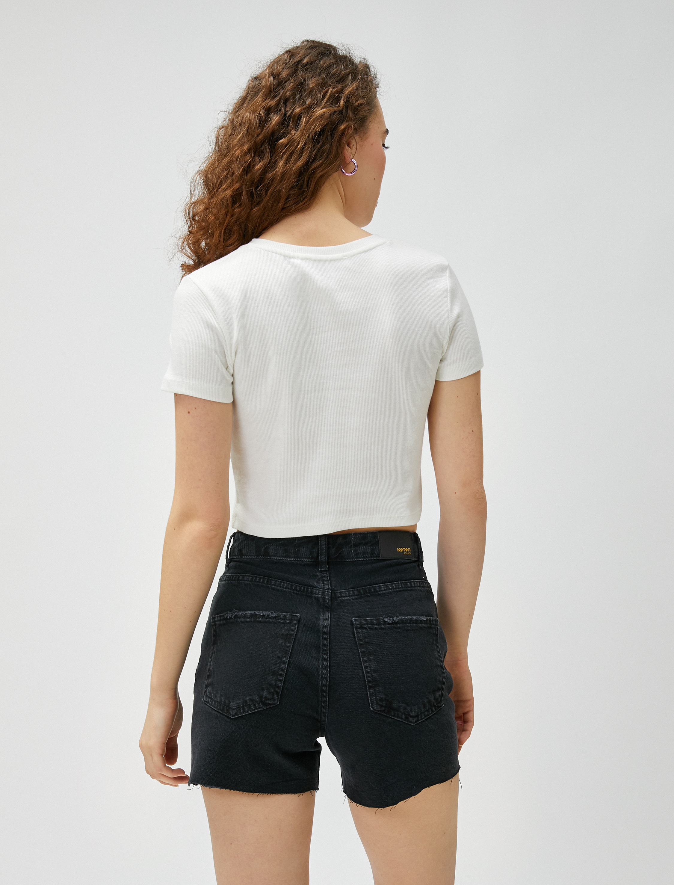   Crop Tişört Baskılı Kısa Kollu Bisiklet Yaka