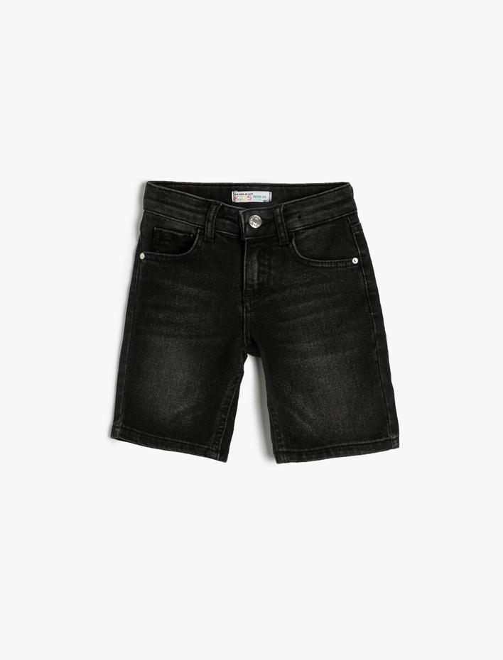 Erkek Çocuk Kot Şort Cepli Pamuklu - Regular Jean Beli Ayarlanabilir Lastikli