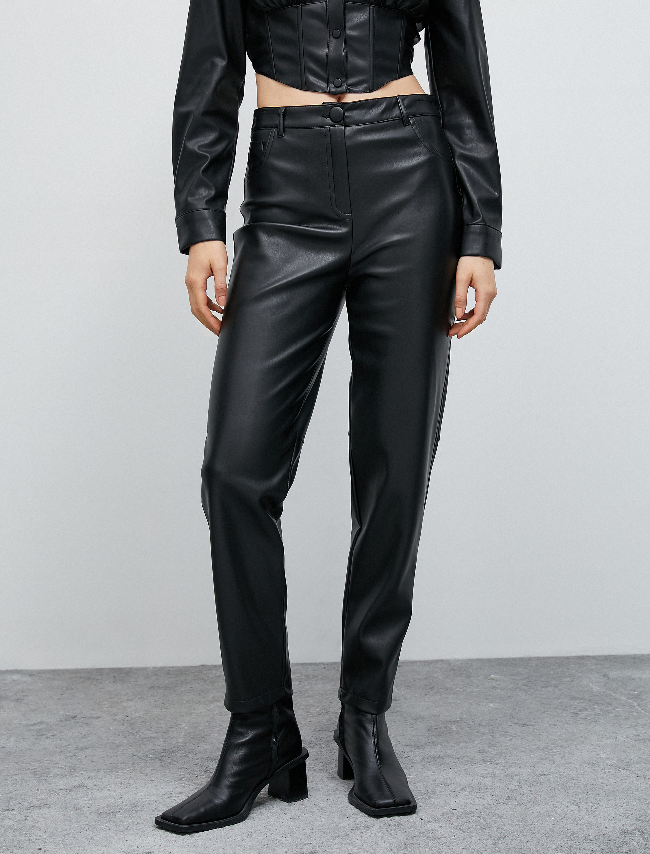 Suni Deri Pantolon Normal Bel Dar Paça