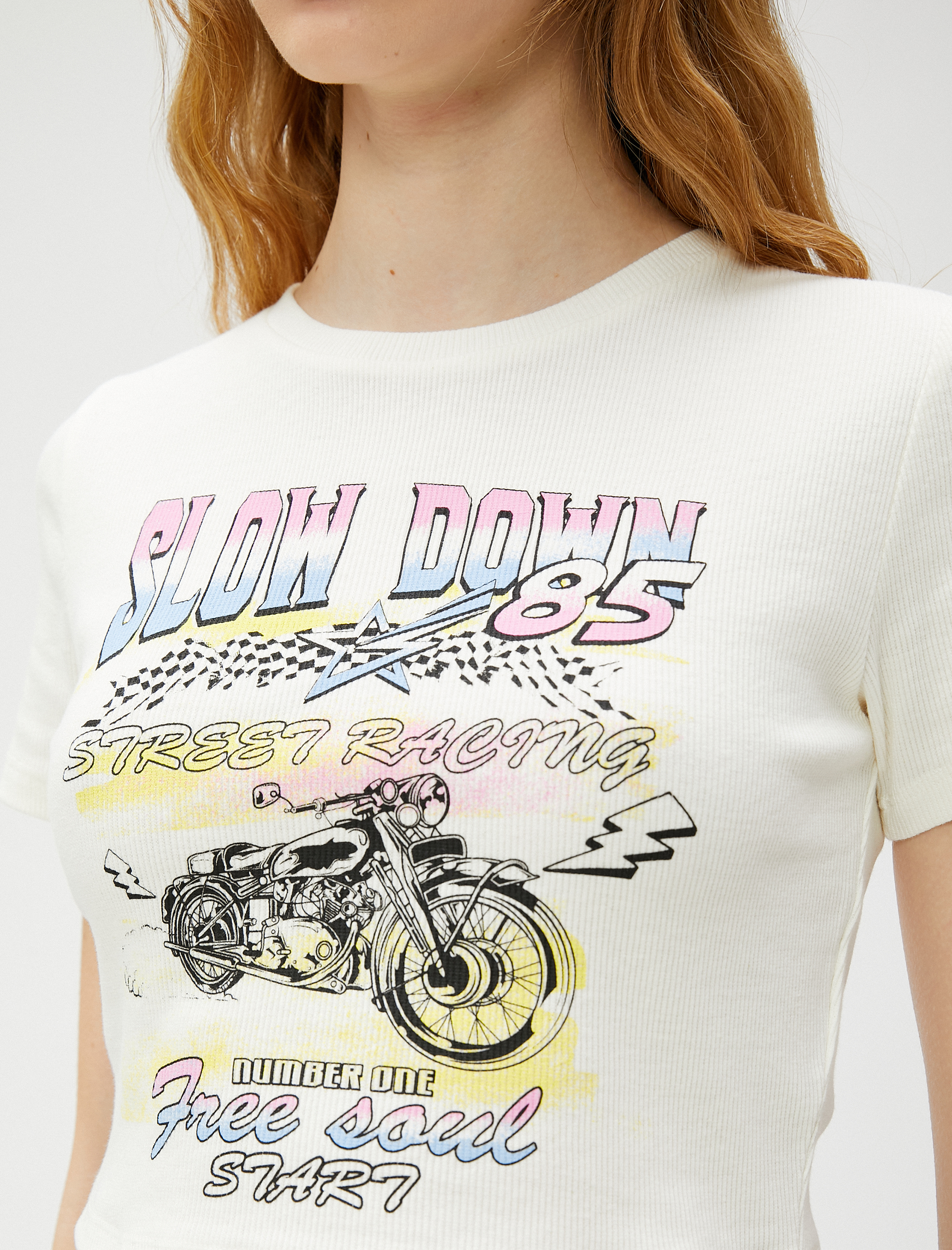   Crop Tişört Baskılı Bisiklet Yaka Pamuklu Kısa Kollu