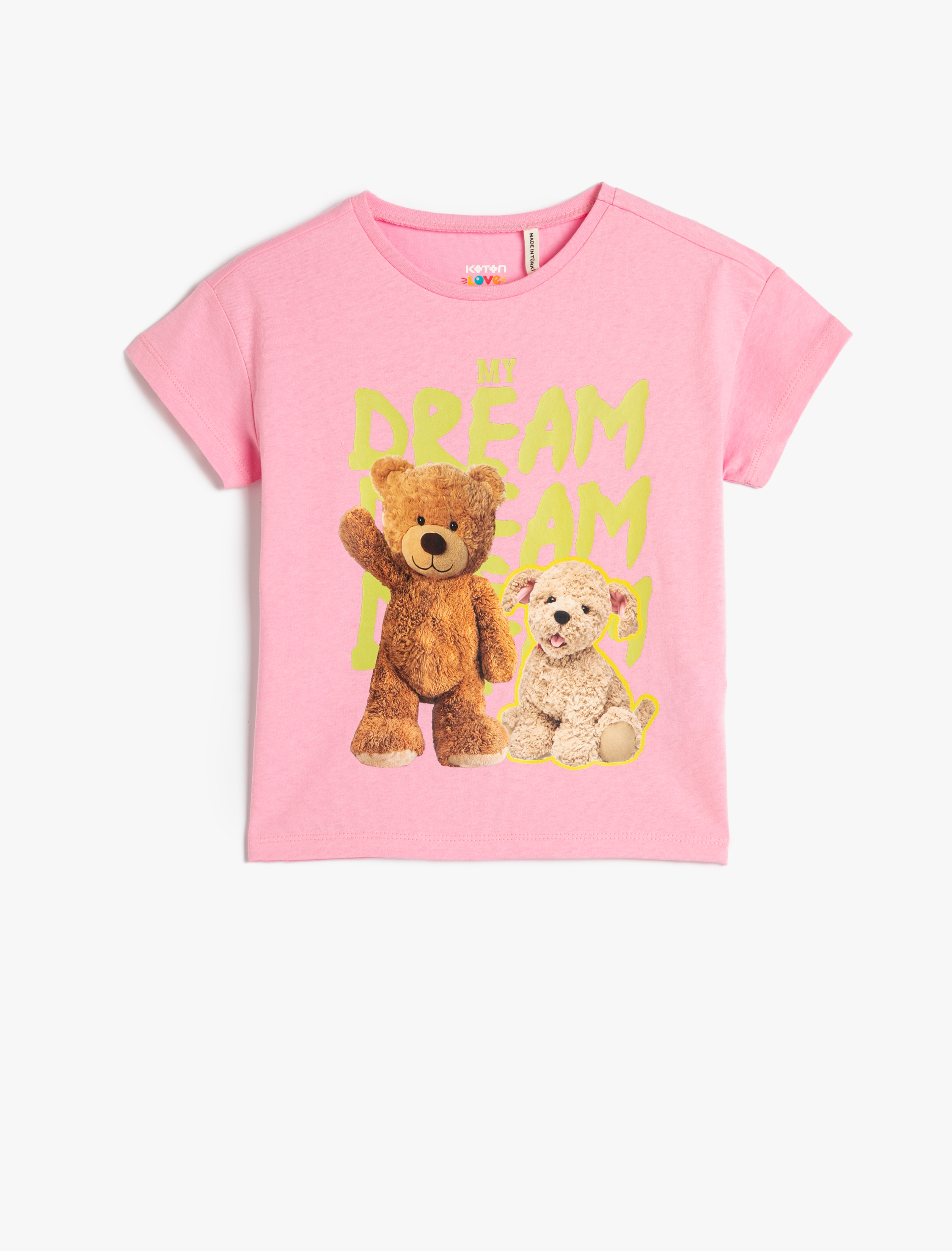  Kız Çocuk Tişört Kısa Kollu Bisiklet Yaka Ayıcık Baskılı Pamuklu