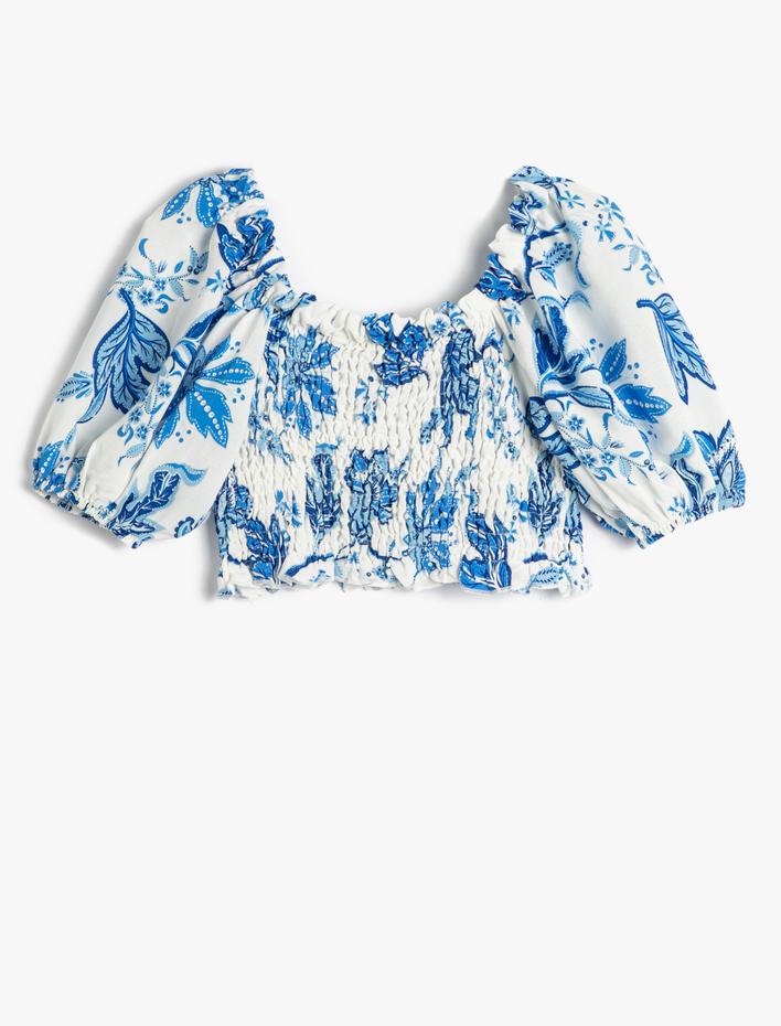 Kız Çocuk Crop Bluz Gipe Detaylı Kısa Balon Kollu Düşük Omuz