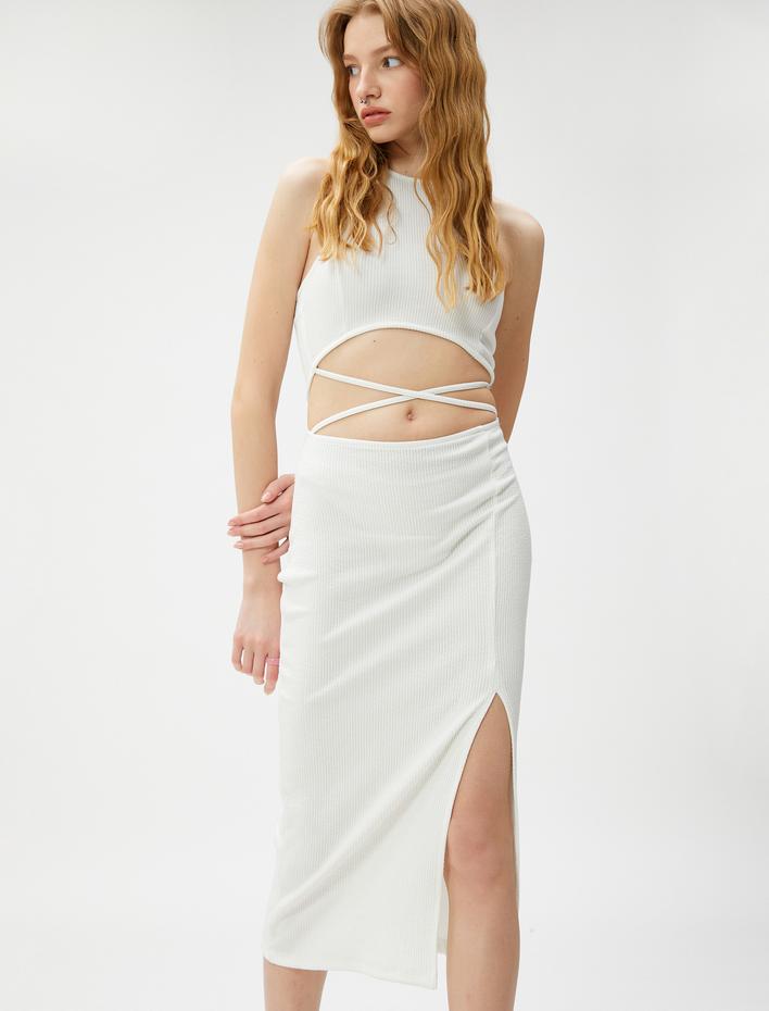  Midi Elbise Pencere Detaylı Yırtmaçlı Halter Yaka Fitilli Bürümcük