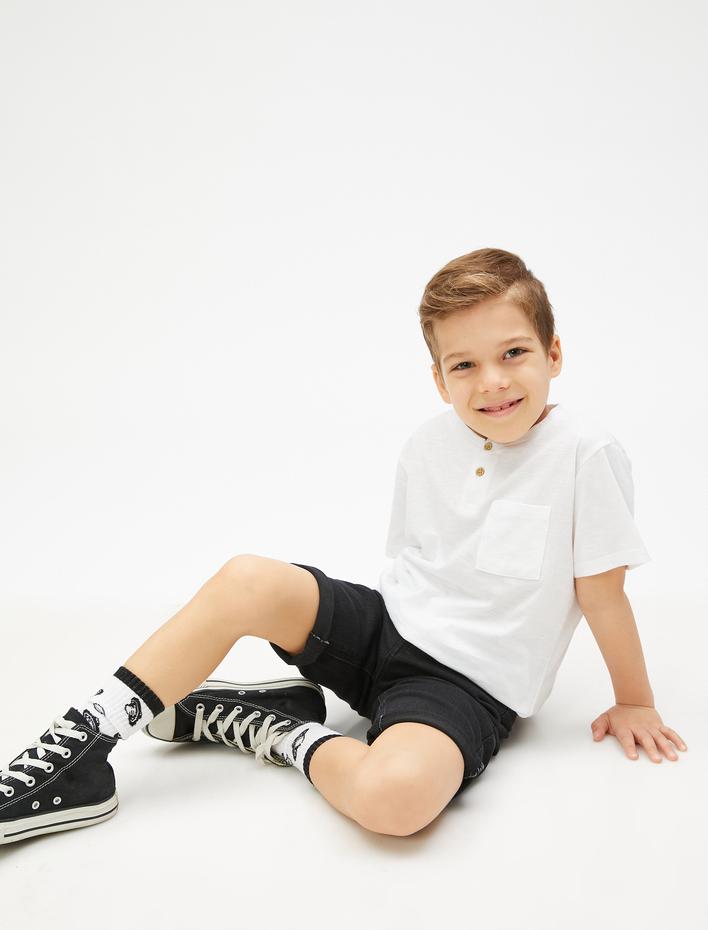 Erkek Çocuk Kot Şort Cepli Pamuklu - Straight Jean Beli Ayarlanabilir Lastikli