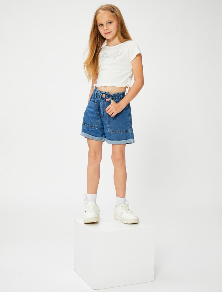 Kız Çocuk Kot Şort Beli Lastikli Düğmeli Cepli Pamuklu