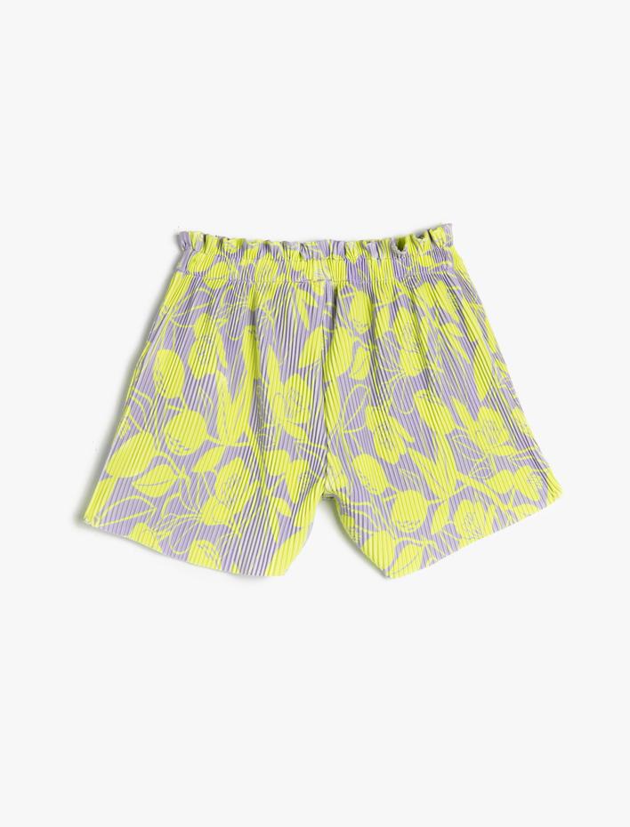 Kız Çocuk Pilili Şort Beli Lastikli Floral Desenli Rahat Kesim