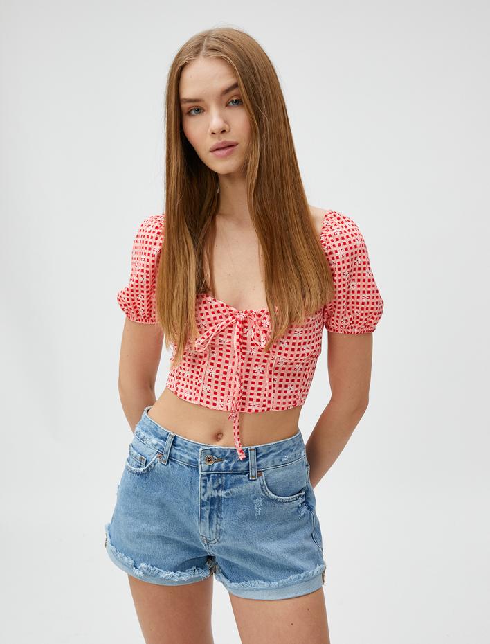  Crop Tişört Çiçekli Balon Kollu Bağlama Korse Detaylı Bürümcük