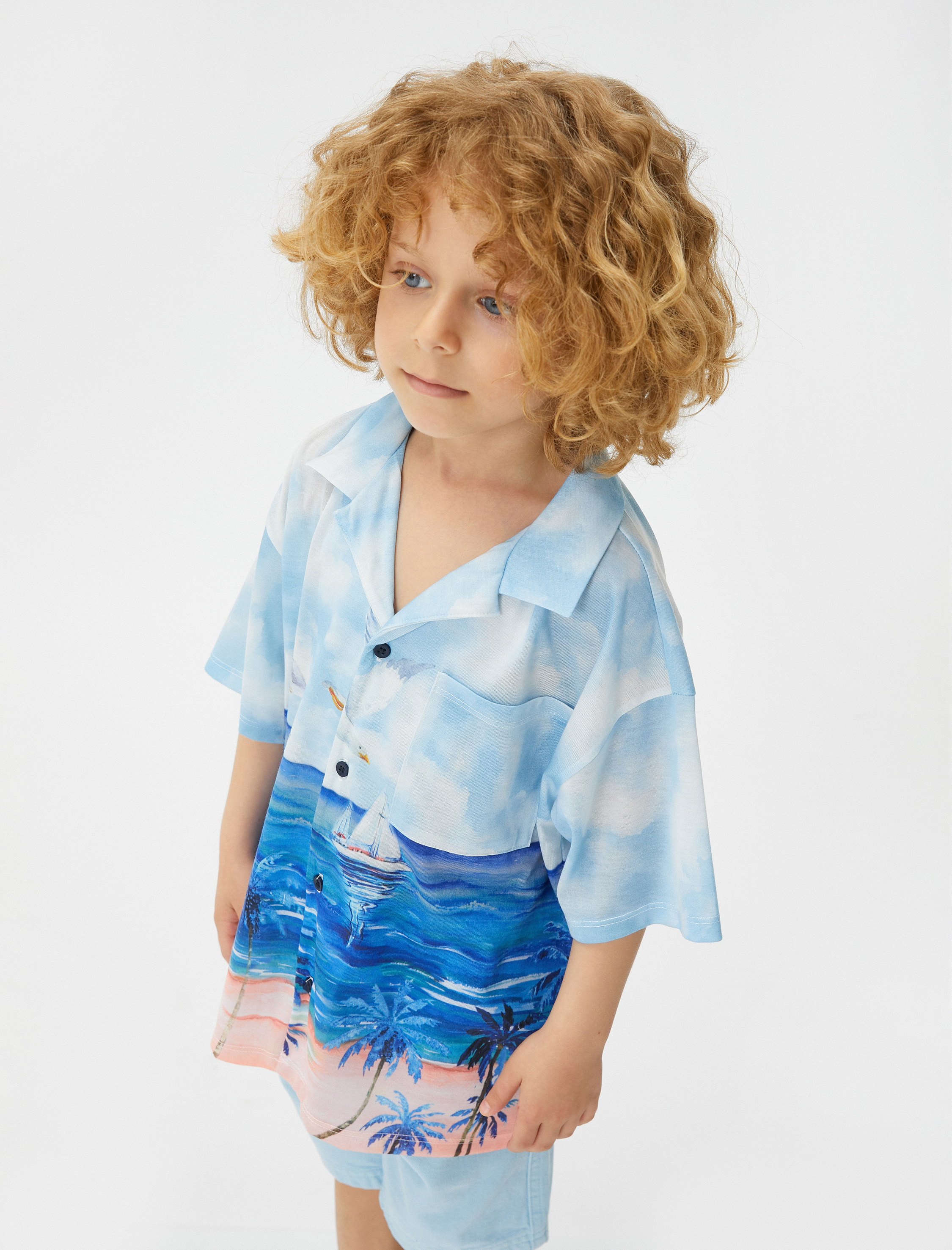 Erkek Çocuk Gömlek Kısa Kollu Cepli Yaz Temalı Baskılı