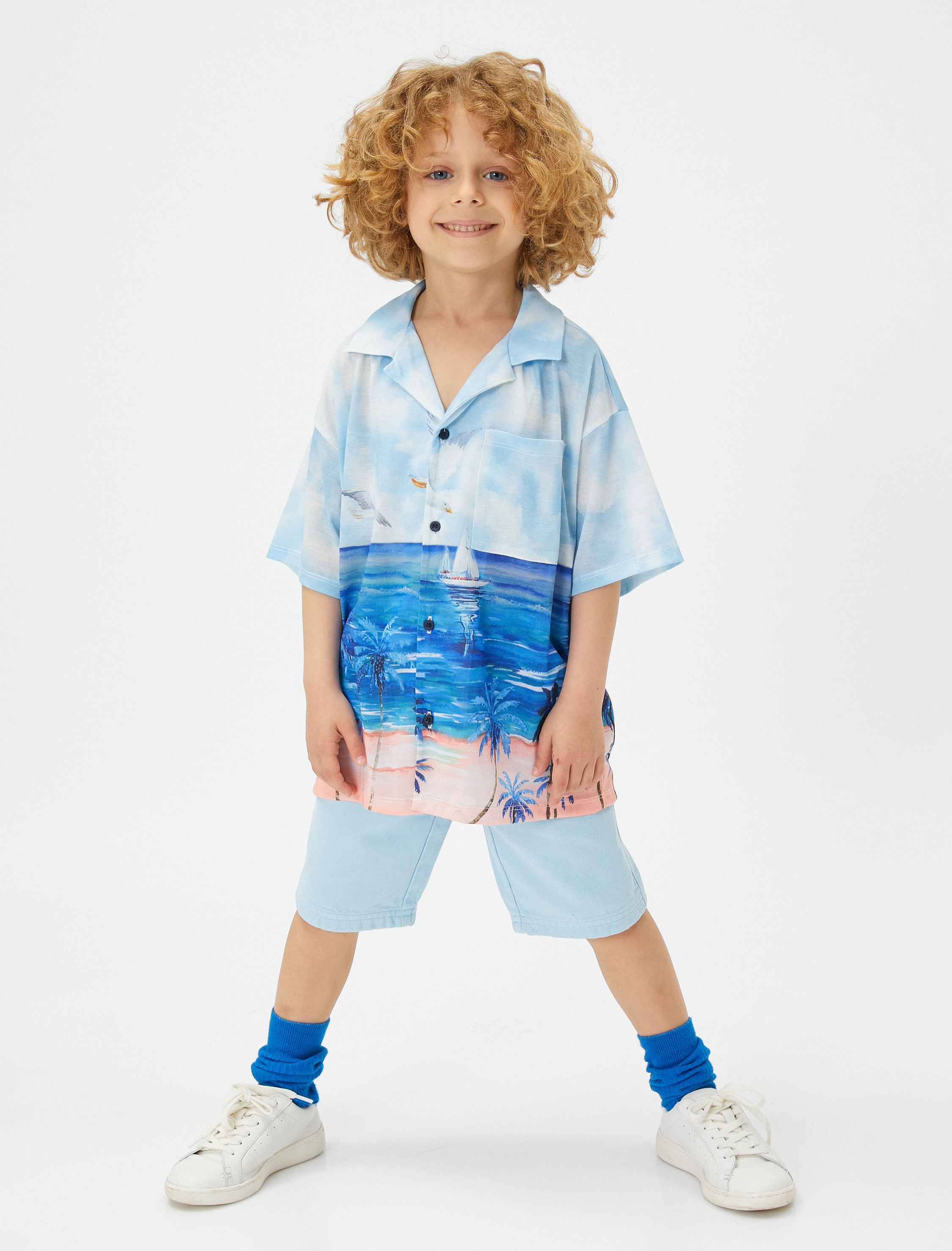 Erkek Çocuk Gömlek Kısa Kollu Cepli Yaz Temalı Baskılı