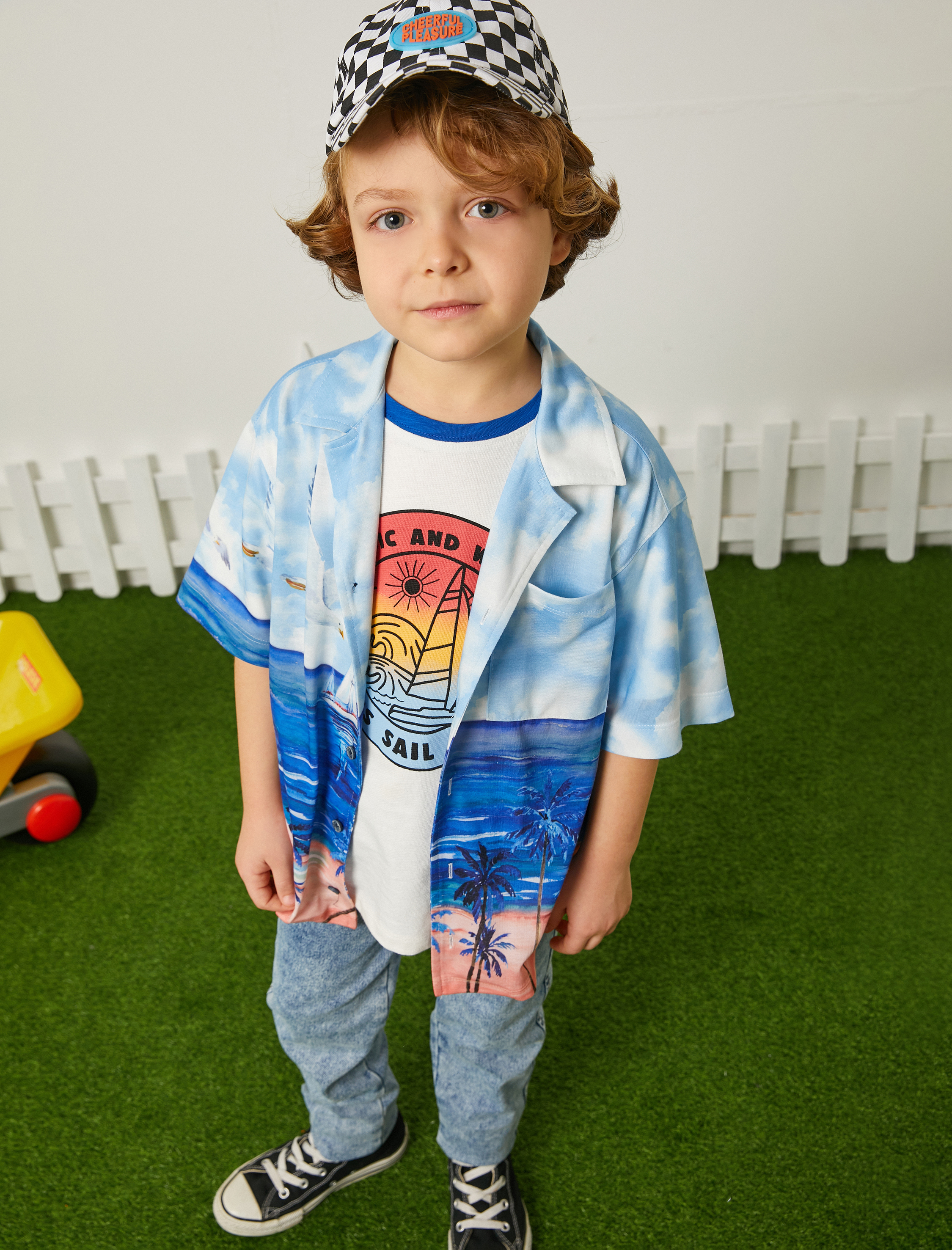 Erkek Çocuk Gömlek Kısa Kollu Cepli Yaz Temalı Baskılı