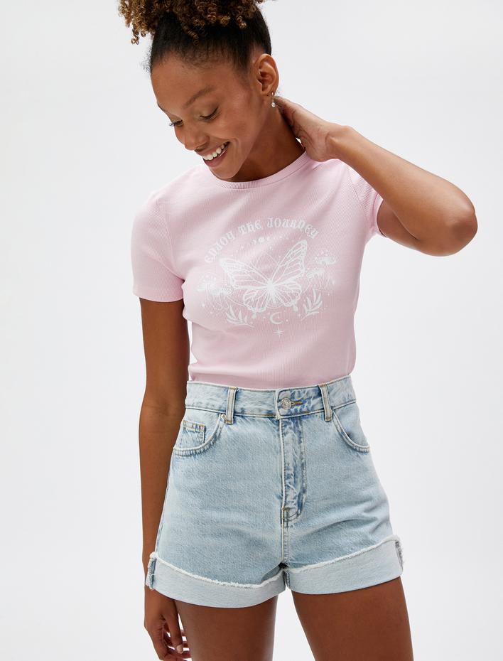  Crop Tişört Baskılı Bisiklet Yaka Kısa Kollu