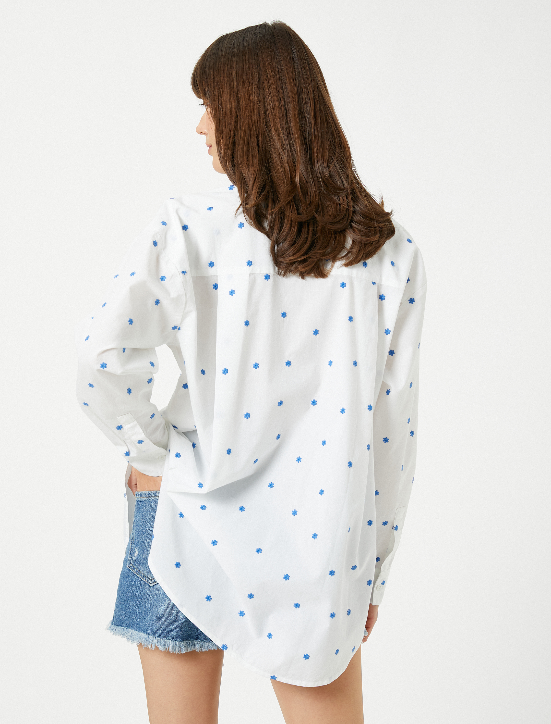   Oversize Gömlek Çiçek İşlemeli Pamuklu