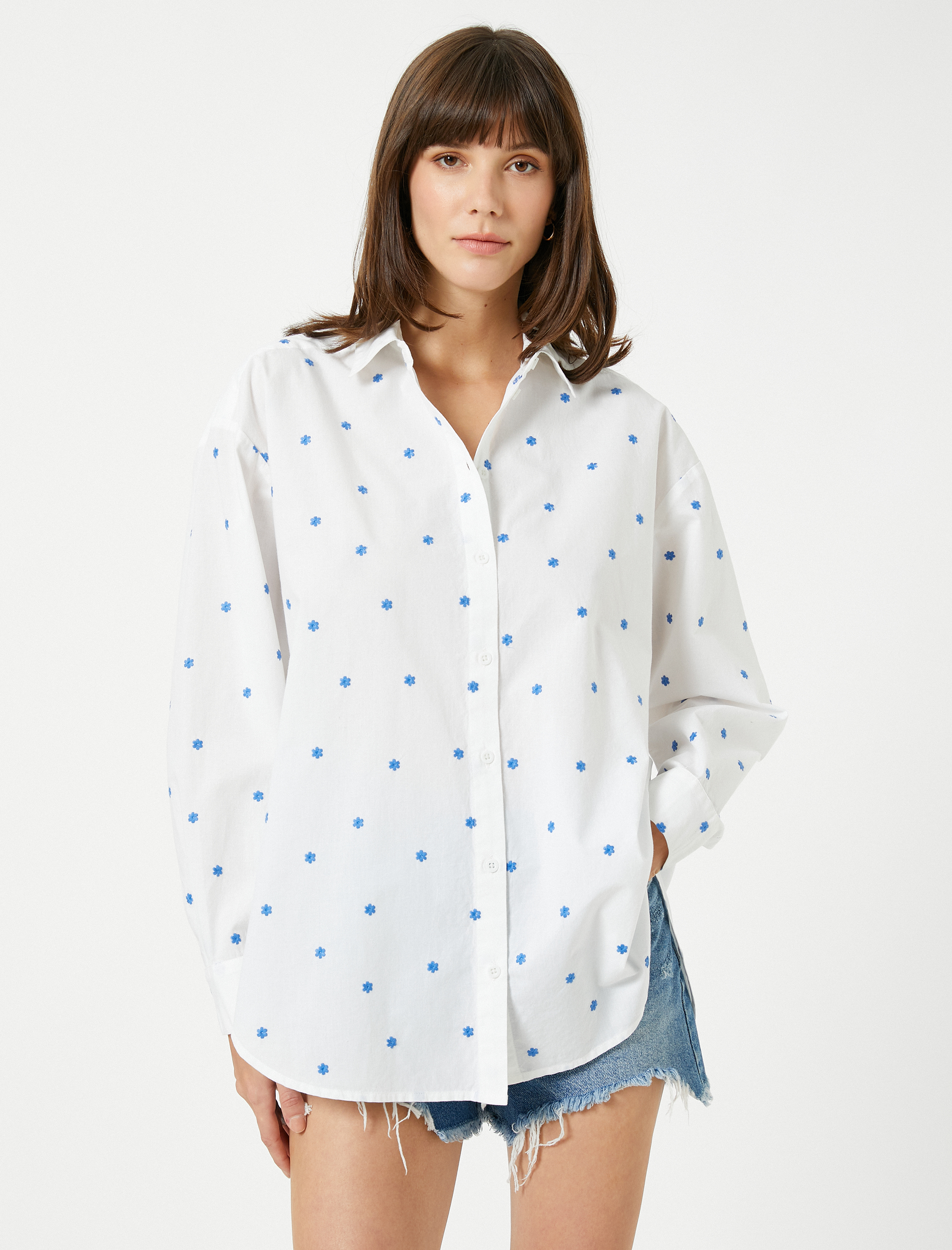   Oversize Gömlek Çiçek İşlemeli Pamuklu